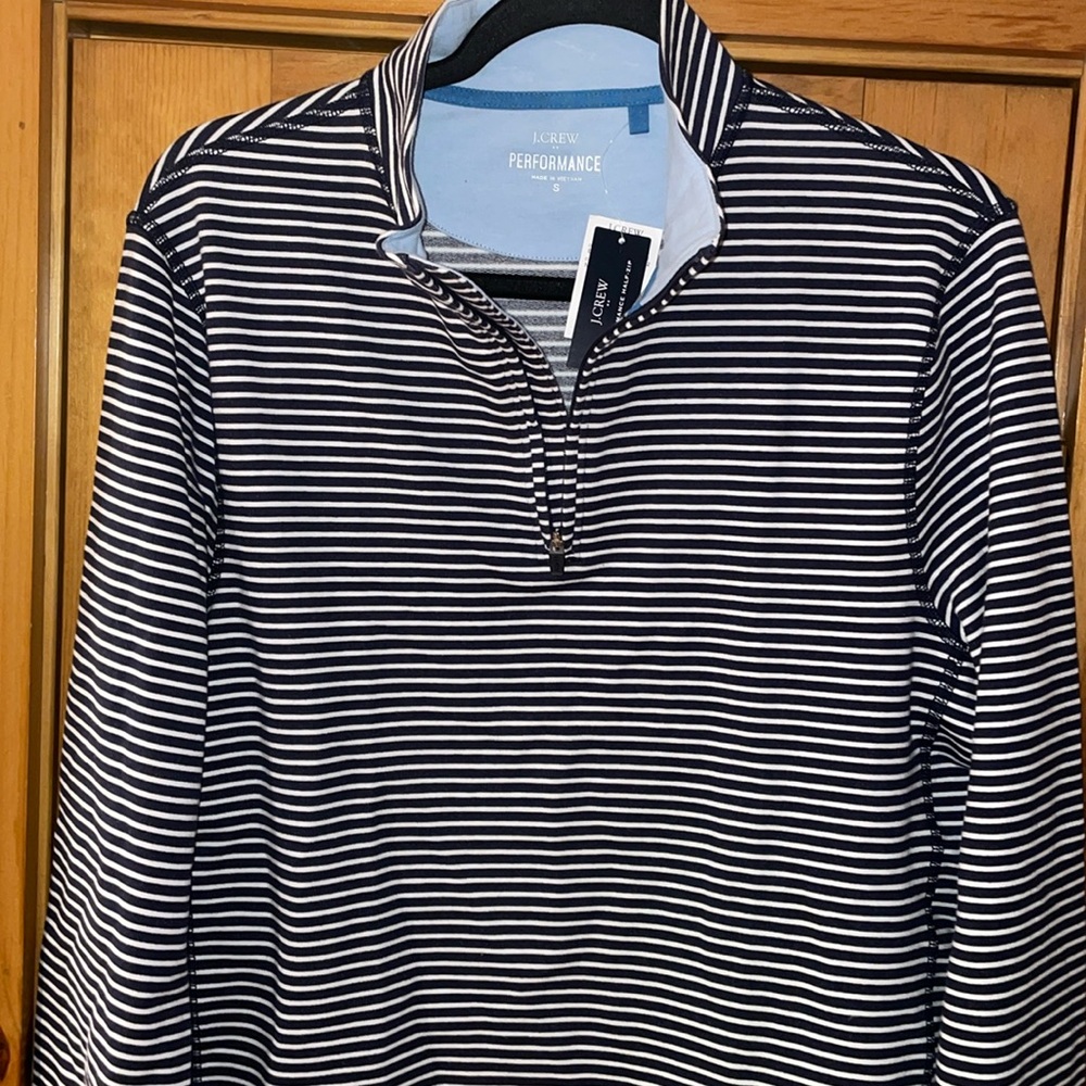 J.Crew Shirt Navy and White Striped Half-Zip Long Sleeve Nautical Mens Small - Picture 6 of 11